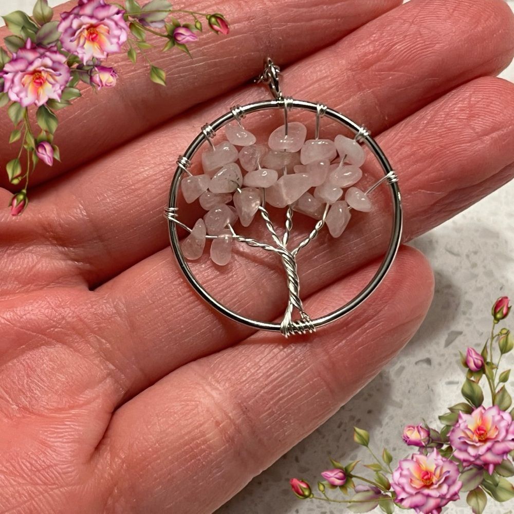 Pink Crushed Stone‎ Silver Color Tree Of Life Necklace
